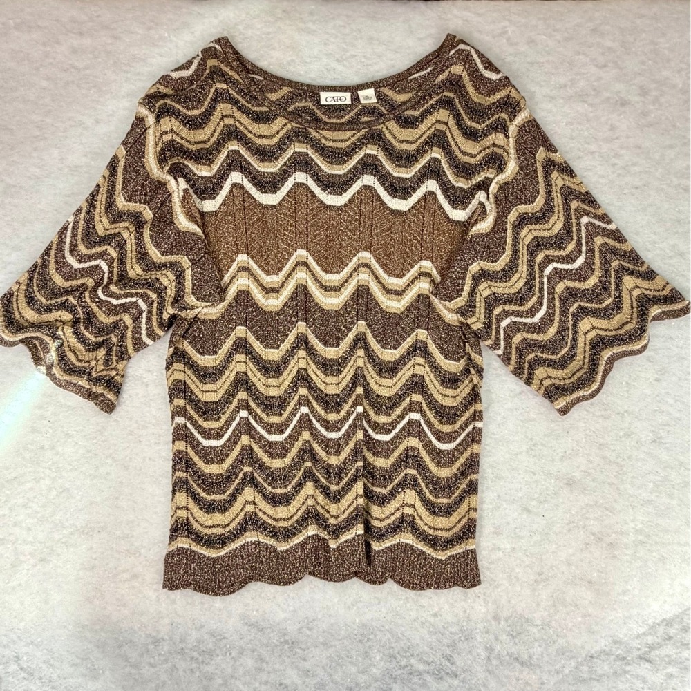 Cato Chevron Knit Sweater Womens XL Brown Gold Metallic Scallop Hem Boho Cozy